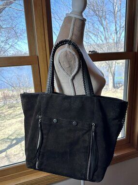 AllSaints Dark Brown Suede Tote Bag Whipstitch Zip Pocket Shoulder Bag